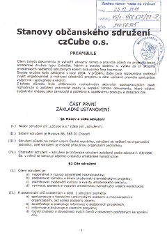 Úvodní strana stanov czCube o.s. (registrovaná ministerstvem vnitra ČR)